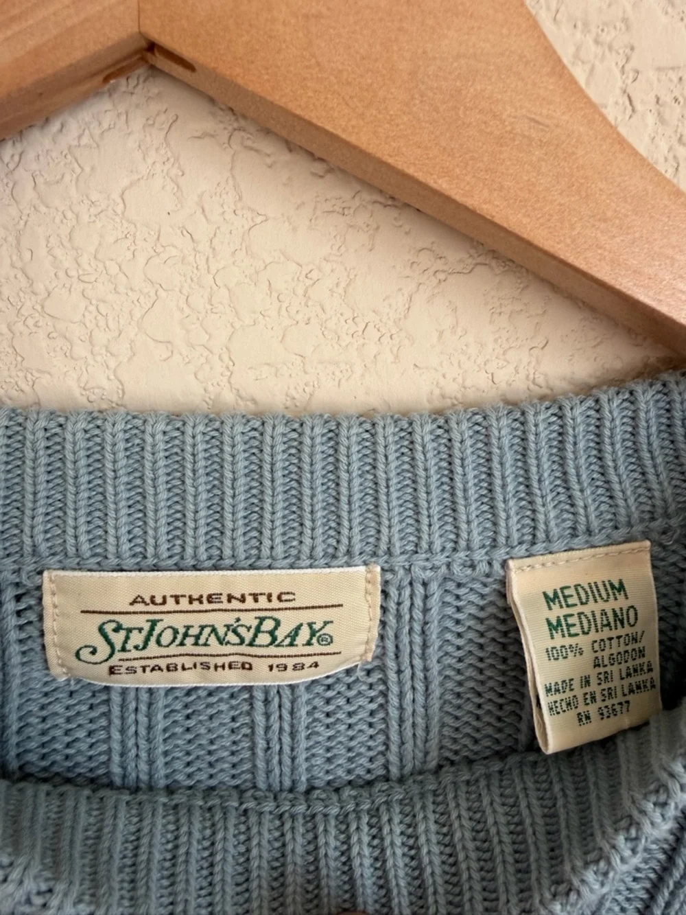 St Johns Bay Ribbed Knit Cotton Sweater Mens M Blue Vintage Shaker Crew 90s Cozy
